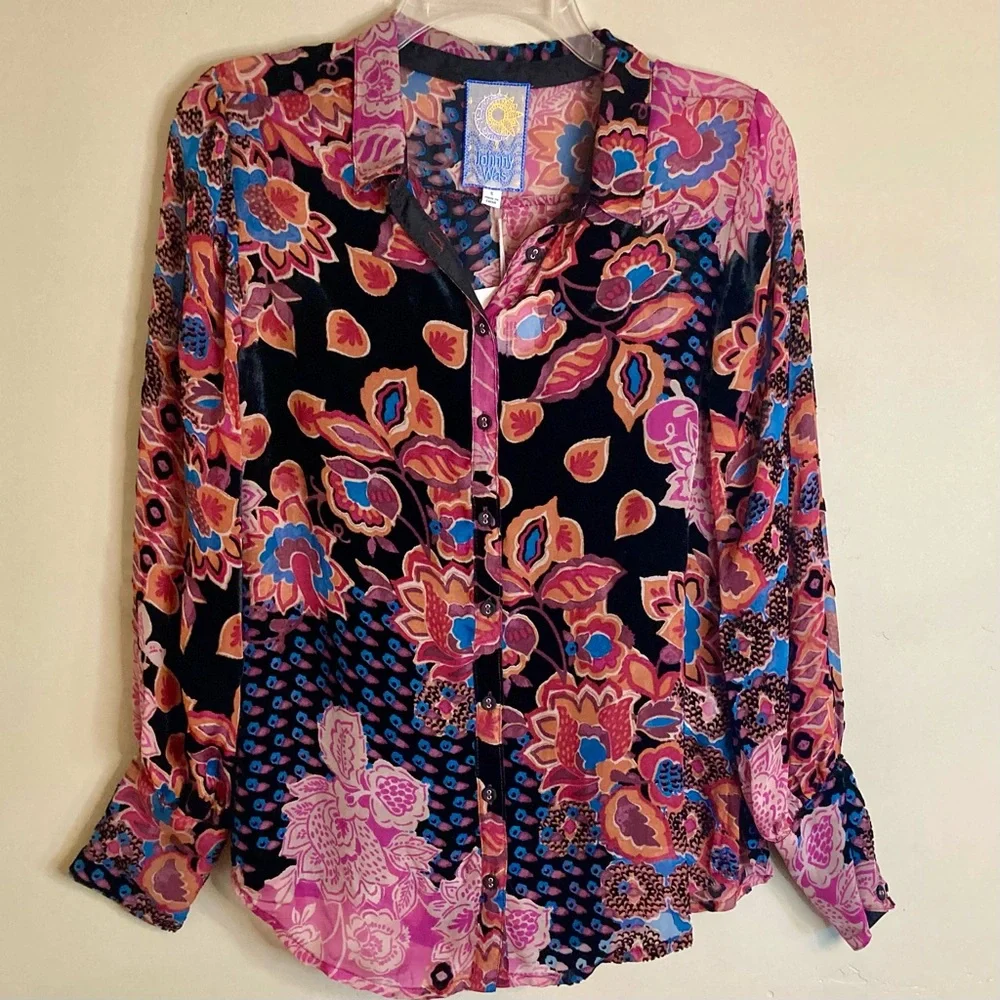 NEW Johnny Was Yrene Burnout Blouse Alvarado w/ Tank Top Velvet Silk Black Sz S - Picture 5 of 16
